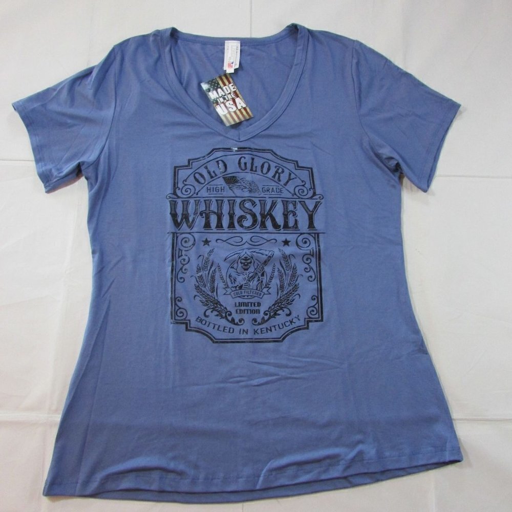 Liberty Wear Women's Short Sleeve Old Glory Whiskey Printed T-Shirt - Blue